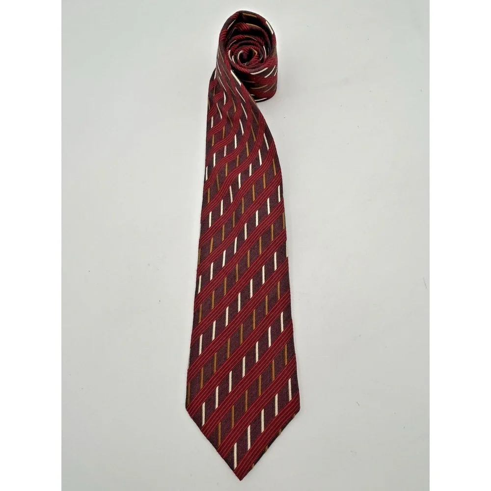 Ermenegildo Zegna MMaroon Woven Geometric Stripe 55% Wool 45% Silk Blend Tie